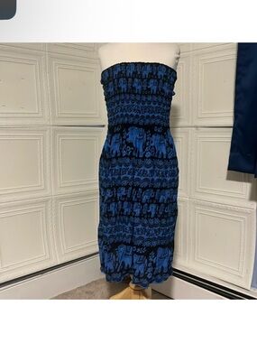 Blue Elephant Print Strapless Smocked Tube Dress Boho Festival Midi